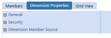 The Dimension Properties tab has a blue background with white text and a list of the types of properties on a light blue background with blue text: General, Security, and Dimension Member Source. Each item has a plus sign that can be expanded.